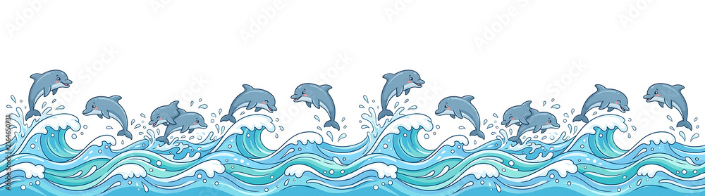 Fototapeta premium Cute cartoon dolphins leaping over dynamic blue ocean waves. playful marine wildlife illustration
