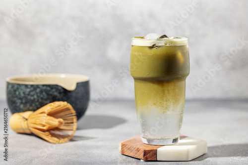 Matcha tonic. Trendy coffee and tea drink in glass