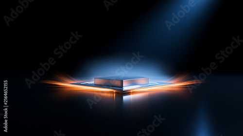 A sleek modern pedestal illuminated with bright blue spotlight and glowing orange light streaks in dark studio  perfect product display setup