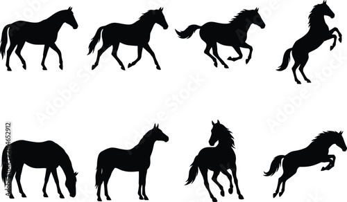 Canvas Print Silhouettes of horses in dynamic poses including standing, walking, trotting, re