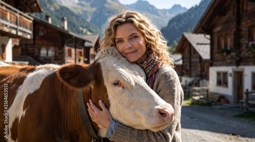 Woman hugging cow in Alps village. Pure mountain love. Serene harmony.