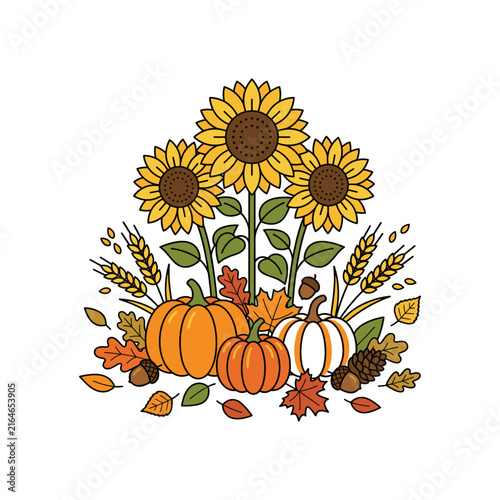 Autumn harvest composition with sunflowers, pumpkins, wheat and fall leaves vector illustration