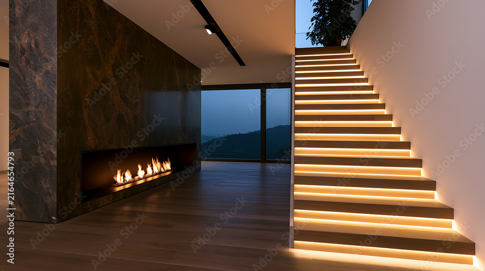 Fototapeta premium Modern luxury interior featuring a sleek fireplace and illuminated staircase with warm LED lights in a spacious contemporary living room