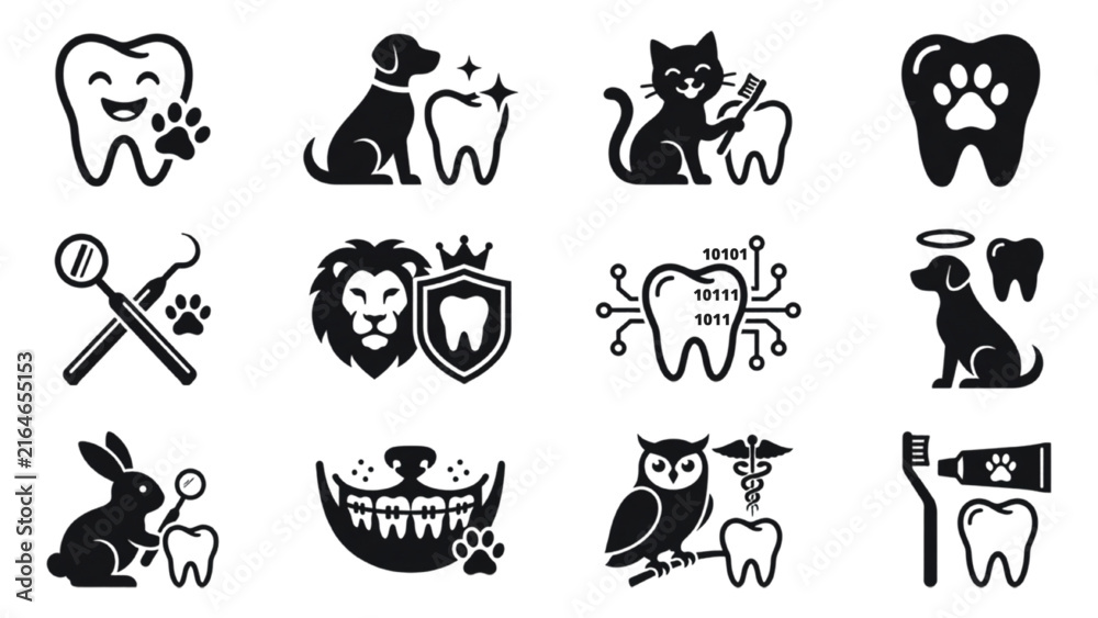 Obraz premium A collage of vector icons representing dental hygiene for animals, including happy teeth, dogs, cats, lions, rabbits, owls, and dental tools