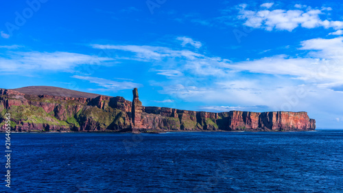 Old Man of Hoy, a famous 137-metre red sandstone sea stack located off the west coast of Hoy in the Orkney archipelago, Scotland