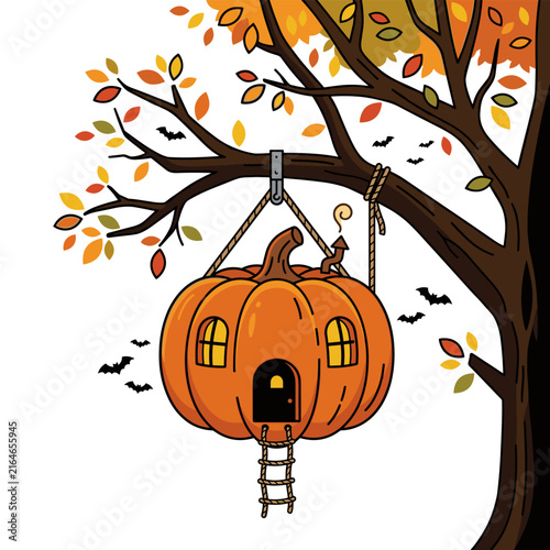 Halloween pumpkin house hanging from autumn tree branch with bats and ladder illustration