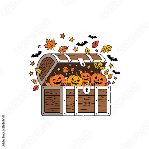 Halloween treasure chest filled with jack-o-lantern pumpkins and autumn leaves illustration
