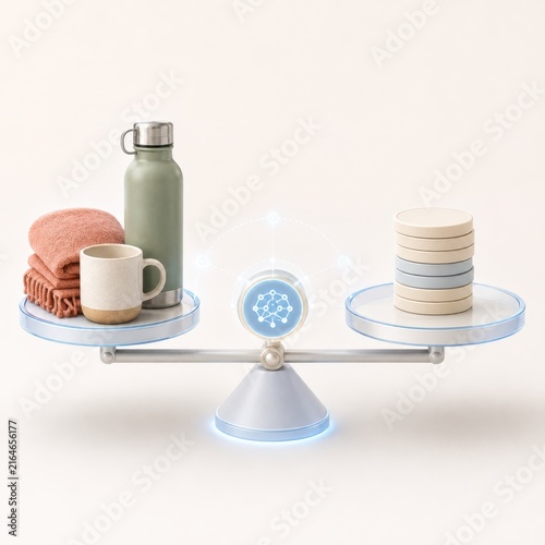 Balance scale with green water bottle, stacked plates, towels, and mugs on either side, featuring a digital interface in the center for visual representation of equilibrium