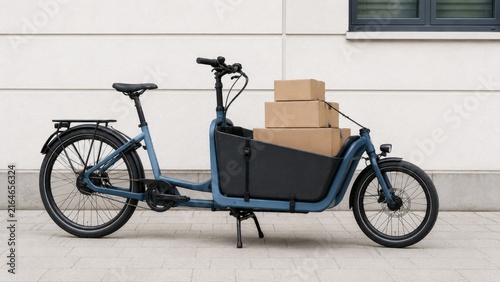 Cargo bicycle with blue frame parked on pavement, loaded with cardboard boxes, against a modern building with large windows in the background