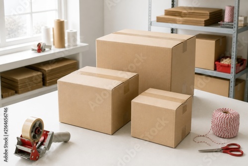 Cardboard boxes of various sizes arranged on a table in a packing area, with packing tape dispenser and twine visible in the background