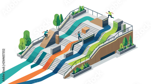 Isometric illustration of parkour athletes practicing parkour on urban stairs and ramps.