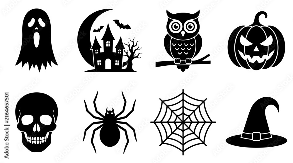 Fototapeta premium Halloween Silhouette Icons Set of Ghost Pumpkin Skull and Spooky Symbols