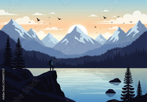 Canvas Print Vector flat design ilustration of hiker standing on cliff looking at snowy mount