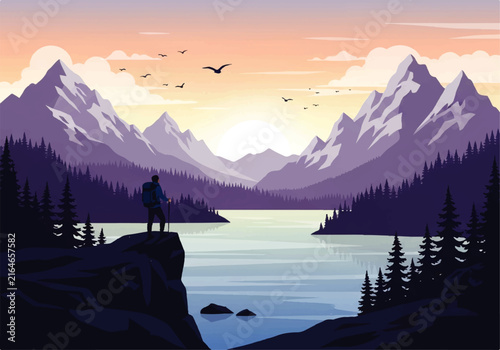 Canvas Print Vector flat design ilustration of a lonely hiker standing on cliff looking at mo