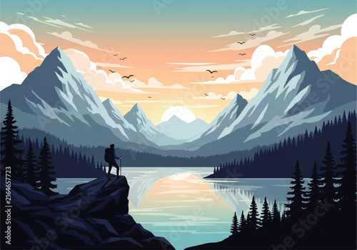 Canvas Print Vector flat design illustration of lone hiker standing on cliff looking at mount