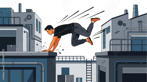 A young athletic man performing a daring parkour jump between building rooftops.