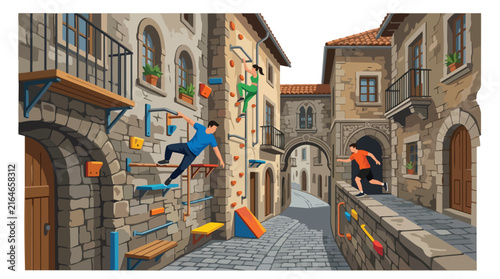 Two young men performing parkour stunts in a stone alleyway.