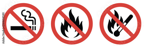 Konstfotografi No smoking and no open flame signs representing prohibited smoking, matches, fla