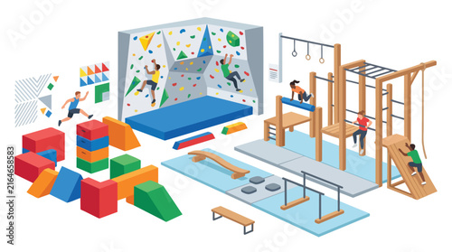 Isometric children indoor playground gym with climbing walls and obstacle course.