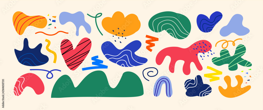 Obraz premium Colorful abstract organic shapes set. Doodle blobs, wavy lines, and rainbows on beige. Trendy Y2K aesthetic
