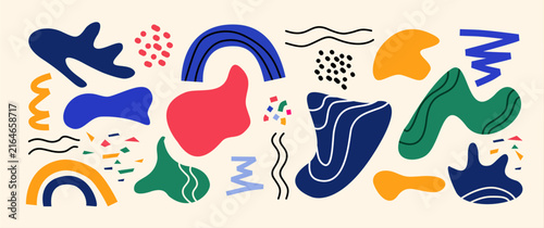 Colorful abstract organic shapes set. Doodle blobs, wavy lines, and rainbows on beige. Trendy Y2K aesthetic