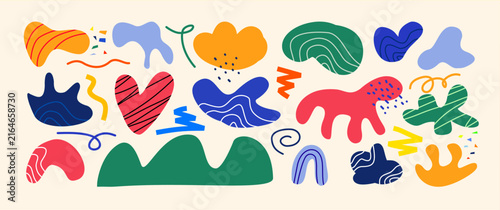 Colorful abstract organic shapes set. Doodle blobs, wavy lines, and rainbows on beige. Trendy Y2K aesthetic