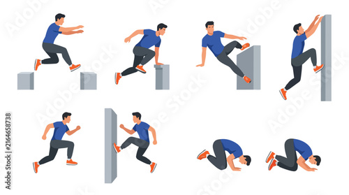 Parkour Athlete Performing Various Obstacle Course Jumps and Vaults.