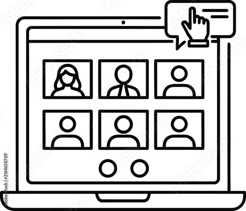 Laptop screen showing video conference call with group of people in virtual meeting