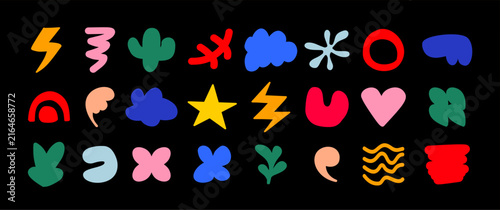 Bold colorful chunky shapes set isolated on black. Doodle blobs, stars, and rainbows. Trendy Y2K vector icons