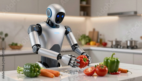 Smart Kitchen Robot Helper Prepping Ingredients for Dinner