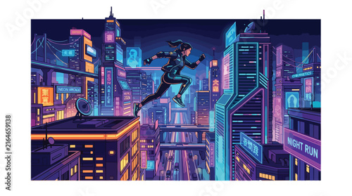 Dynamic female parkour runner leaping across a futuristic urban cityscape.