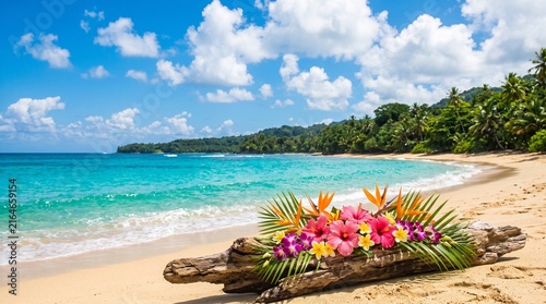 Colorful Pink Yellow Tropical Flowers and Palm Leaf on Driftwood at Turquoise Beach, White Sand Island Paradise, Summer Vacation, Luxury Resort Travel, Honeymoon Holiday and Exotic Coastal Background