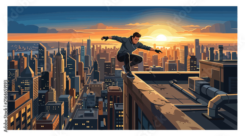A daring young man crouching on the edge of a skyscraper rooftop.