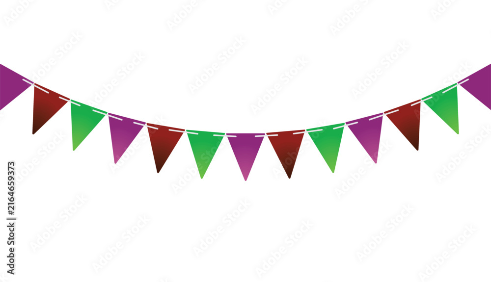 Fototapeta premium Triangle party flags hanging on rope. vector