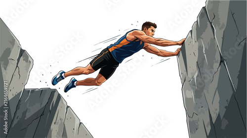 Athletic man jumping over a deep rocky gap.