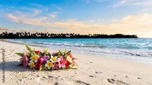 Colorful Tropical Flower Lei on White Sandy Beach with Turquoise Blue Ocean, Hawaiian Summer Vacation, Polynesian Island Travel, Paradise Resort, Honeymoon and Exotic Coastal Holiday Concept