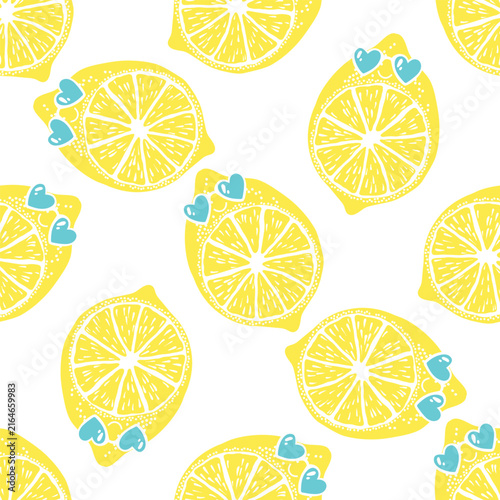 Seamless pattern with cute lemons in sunglasses on white. Stylish background themed around beach holidays and vacations. Vector. Perfect for design templates, invitation, card, wallpaper, wrapping.