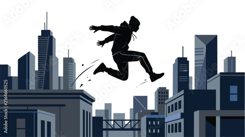 Silhouette of a young person jumping between buildings.