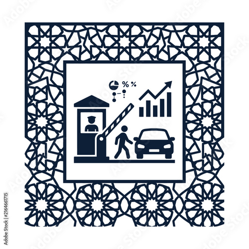Islamic border security icon, geometric arabesque frame with toll booth and car, middle eastern border control vector