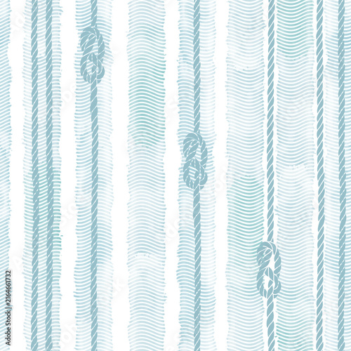 Abstract seamless pattern on the marine theme with waves, rope, knots on blue watercolor background. Vector. Perfect for design templates, wallpaper, wrapping, fabric, print and textile.