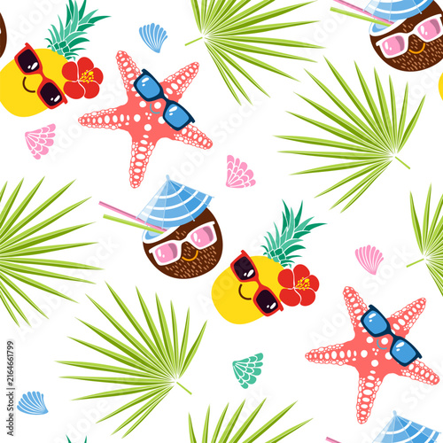 Funny cartoon characters in sunglasses: a coconut, a pineapple, and a starfish. Stylish seamless pattern themed around beach holidays and vacations. Vector illustration on white. Perfect for design te