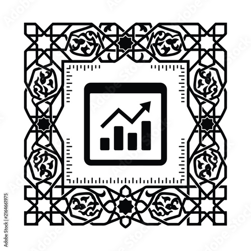 Islamic geometric frame with business growth chart, black and white financial data icon, ornamental arabic border vector