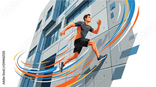Athletic man sprinting in motion with dynamic energy lines.