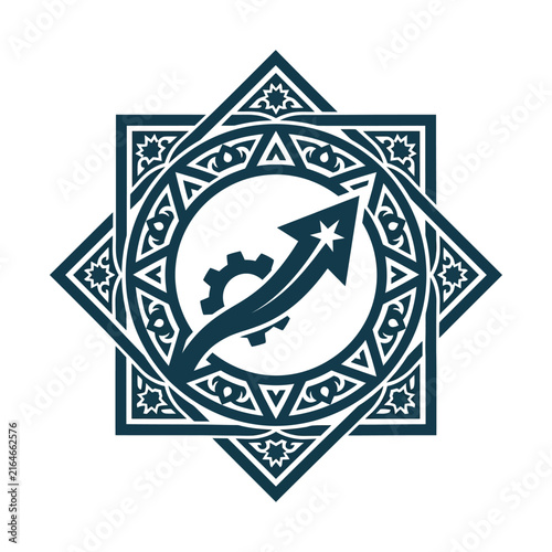 Islamic geometric business logo, ornamental arabesque growth arrow icon, navy blue mandala emblem for corporate branding