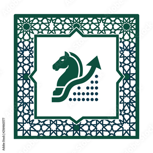 Islamic business growth logo, chess knight with rising arrow vector, emerald green geometric arabesque frame design