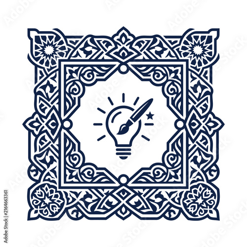 Islamic ornamental frame with lightbulb and paintbrush icon, creative art logo in navy blue, arabic floral border vector