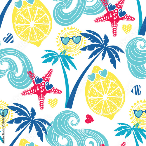 Beach theme background. Cute cartoon summer seamless pattern. Vector illustration on white. Perfect for design templates, invitation, card, wallpaper, wrapping, fabric and textile.