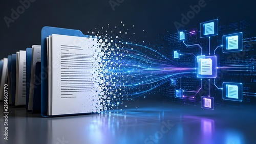 Digital file transfer concept with paper documents converting into network data streams and connected folders