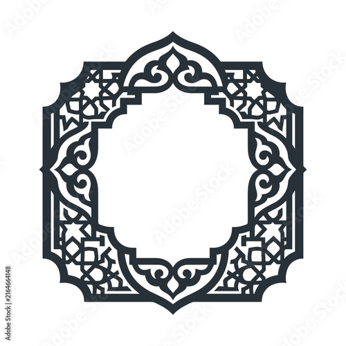 Islamic geometric frame vector, ornamental arabic border design, black filigree mandala pattern for ramadan cards