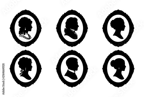 Elegant Silhouette Portraits Collection, Vintage Oval Frames, Classic Profile Icons, Historical Figures Vector Art, Black and White Decorative Elements